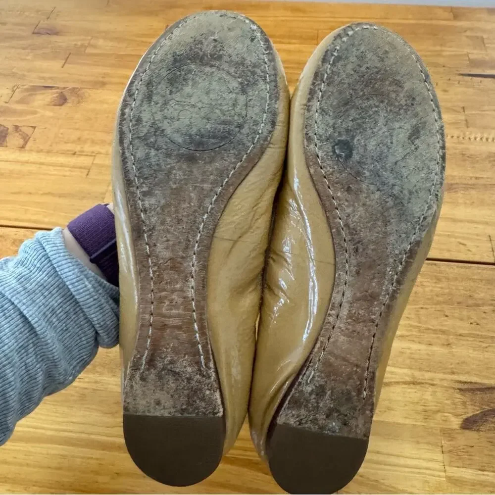 Tory Burch Tan Caroline Nude Ballet Leather Logo Flats Size 7.5